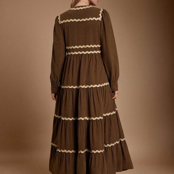 Brown Casual Women's Contrast Trim Crewneck Button Front Corduroy Maxi Dress - Picture 2 of 6